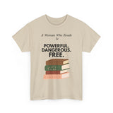 Sand feminist T-shirt with A Woman Who Reads Is Powerful Dangerous and Free book design