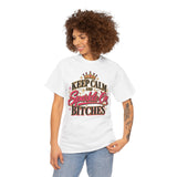 Woman wearing white Keep Calm and Sparkle On Bitches graphic T-shirt