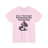 Light Pink feminist T-shirt with black text Just a Mermaid Drowning the Patriarchy mermaid design