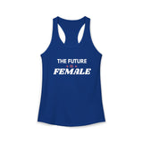 Royal Blue The Future Is Female feminist racerback tank with white retro lettering and pink sparkle accents