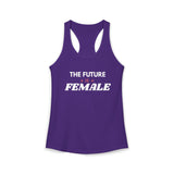 Purple The Future Is Female feminist racerback tank with white retro lettering and pink sparkle accents