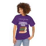Woman with short curly hair wearing A Woman Who Reads Is Powerful Dangerous and Free feminist T-shirts