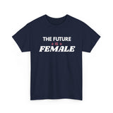 Navy Blue The Future Is Female feminist T-shirt with white retro lettering and pink sparkle accents