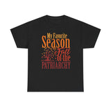 Black  Fall of the Patriarchy feminist T-shirt with retro autumn typography and tree design