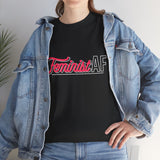 Woman wearing Feminist AF retro T-shirt styled with a denim jacket