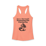 Orange feminist racerback tank top with Just a Mermaid Drowning the Patriarchy design