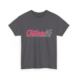 Charcoal Feminist AF retro feminist T-shirt with pink and white lettering