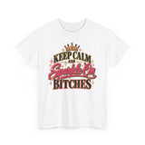 White Keep Calm and Sparkle On Bitches graphic T-shirt with pink, gold and black design