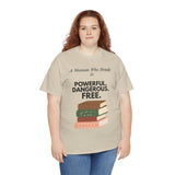 Curly-haired woman wearing A Woman Who Reads Is Powerful Dangerous and Free feminist reader T-shirt