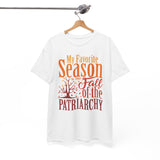 Close-up of Fall of the Patriarchy feminist T-shirt with autumn tree and typography