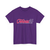 Purple Feminist AF retro feminist T-shirt with pink and white lettering
