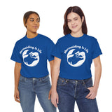 Two Woman wearing royal blue Mermaiding Is Life mermaid T-shirt