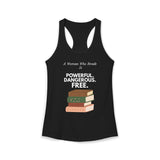Black feminist racerback tank top with white text and A Woman Who Reads Is Powerful Dangerous and Free book design