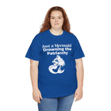 Woman wearing a royal blue Just a Mermaid Drowning the Patriarchy feminist T-shirt