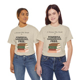 Two women wearing A Woman Who Reads Is Powerful Dangerous and Free feminist reader T-shirt