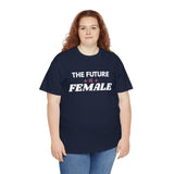 Woman wearing navy blue The Future Is Female feminist graphic T-shirt