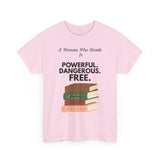Light Pink feminist T-shirt with A Woman Who Reads Is Powerful Dangerous and Free book design