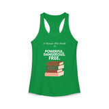 Green feminist racerback tank top with white text and A Woman Who Reads Is Powerful Dangerous and Free book design