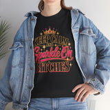 Woman wearing Keep Calm and Sparkle On Bitches graphic T-shirt styled with a jean jacket