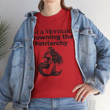 Woman styling Just a Mermaid Drowning the Patriarchy feminist T-shirt with a denim jacket