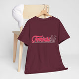 Feminist AF retro graphic T-shirt displayed on hanger
