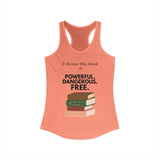 Light Orange  feminist racerback tank top with A Woman Who Reads Is Powerful Dangerous and Free book design
