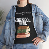 Woman styling A Woman Who Reads Is Powerful Dangerous and Free feminist T-shirt with a denim jacket