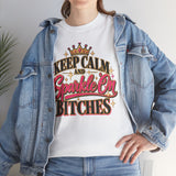 Woman wearing Keep Calm and Sparkle On Bitches graphic T-shirt styled with a jean jacket