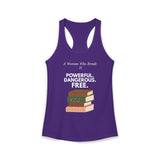Purple feminist racerback tank top with white text and A Woman Who Reads Is Powerful Dangerous and Free book design