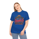 Woman wearing Royal Blue Keep Calm and Sparkle On Bitches graphic T-shirt