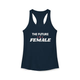 Navy Blue The Future Is Female feminist racerback tank with white retro lettering and pink sparkle accents