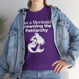 Woman styling a purple Just a Mermaid Drowning the Patriarchy feminist T-shirt with a denim jacket