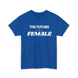Royal Blue The Future Is Female feminist T-shirt with white retro lettering and pink sparkle accents