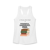 White blue feminist racerback tank top with A Woman Who Reads Is Powerful Dangerous and Free book design