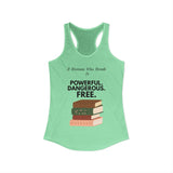 Mint feminist racerback tank top with A Woman Who Reads Is Powerful Dangerous and Free book design