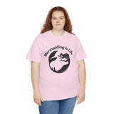 Woman wearing light pink Mermaiding Is Life mermaid T-shirt