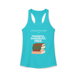 Tahitian blue feminist racerback tank top with white text and A Woman Who Reads Is Powerful Dangerous and Free book design