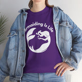 Woman styling purple Mermaiding Is Life mermaid T-shirt with denim jacket