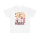 White Fall of the Patriarchy feminist T-shirt with retro autumn typography and tree design