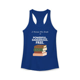 Royal Blue feminist racerback tank top with white text and A Woman Who Reads Is Powerful Dangerous and Free book design