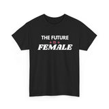 Black The Future Is Female feminist T-shirt with white retro lettering and pink sparkle accents