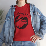Woman wearing red Mermaiding Is Life T-shirt with denim jacket