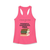 Hot pink feminist racerback tank top with A Woman Who Reads Is Powerful Dangerous and Free book design